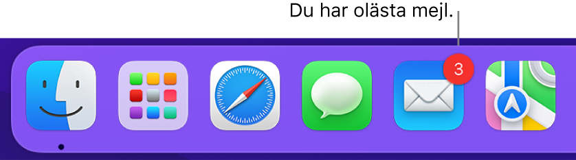 Ett område av Dock som visar symbolen för appen Mail med en bricka som anger antalet olästa mejl.