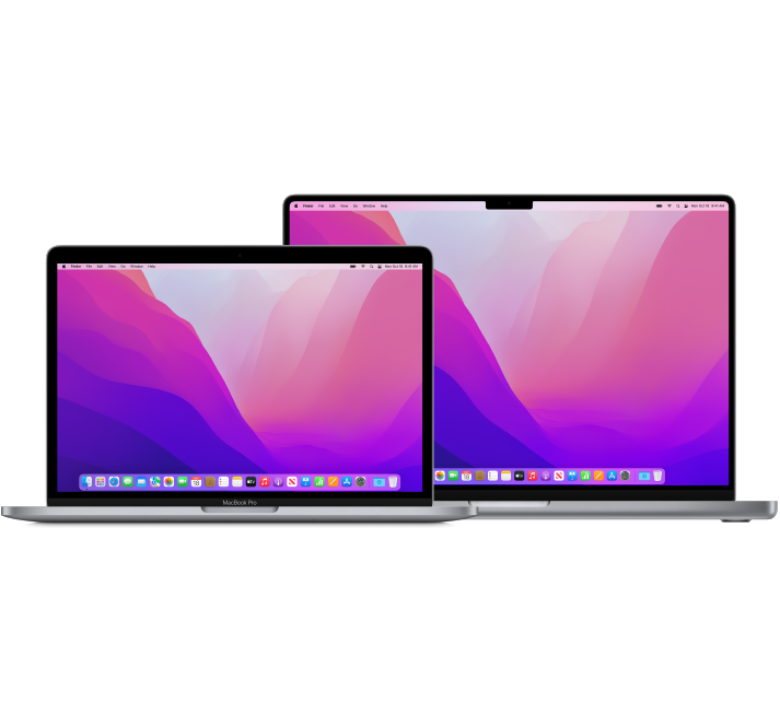 คอมพิวเตอร์ MacBook Pro รุ่น 13 นิ้วอยู่ด้านหน้า MacBook Pro รุ่น 16 นิ้ว