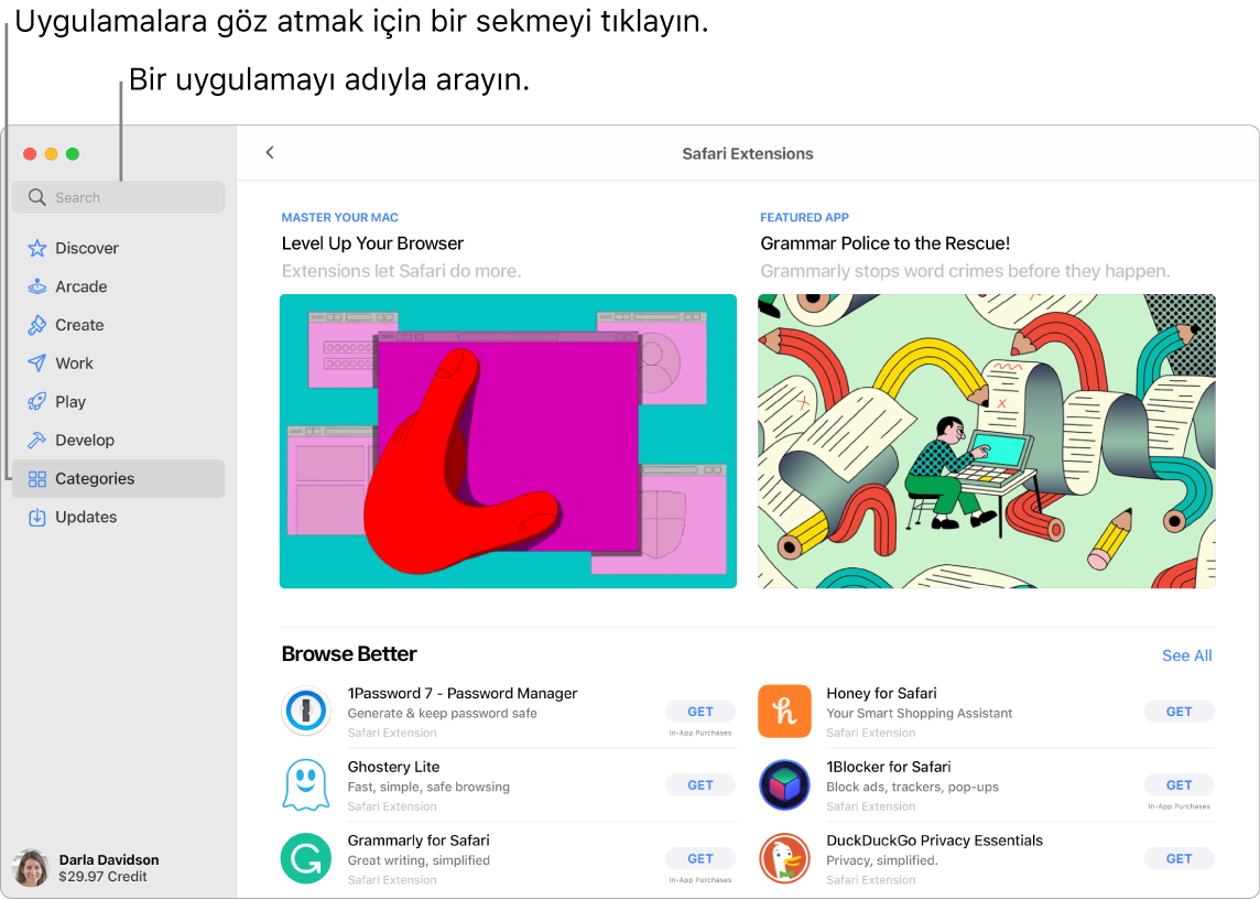 Arama alanını ve Safari Genişletmeleri sayfasını gösteren App Store penceresi.