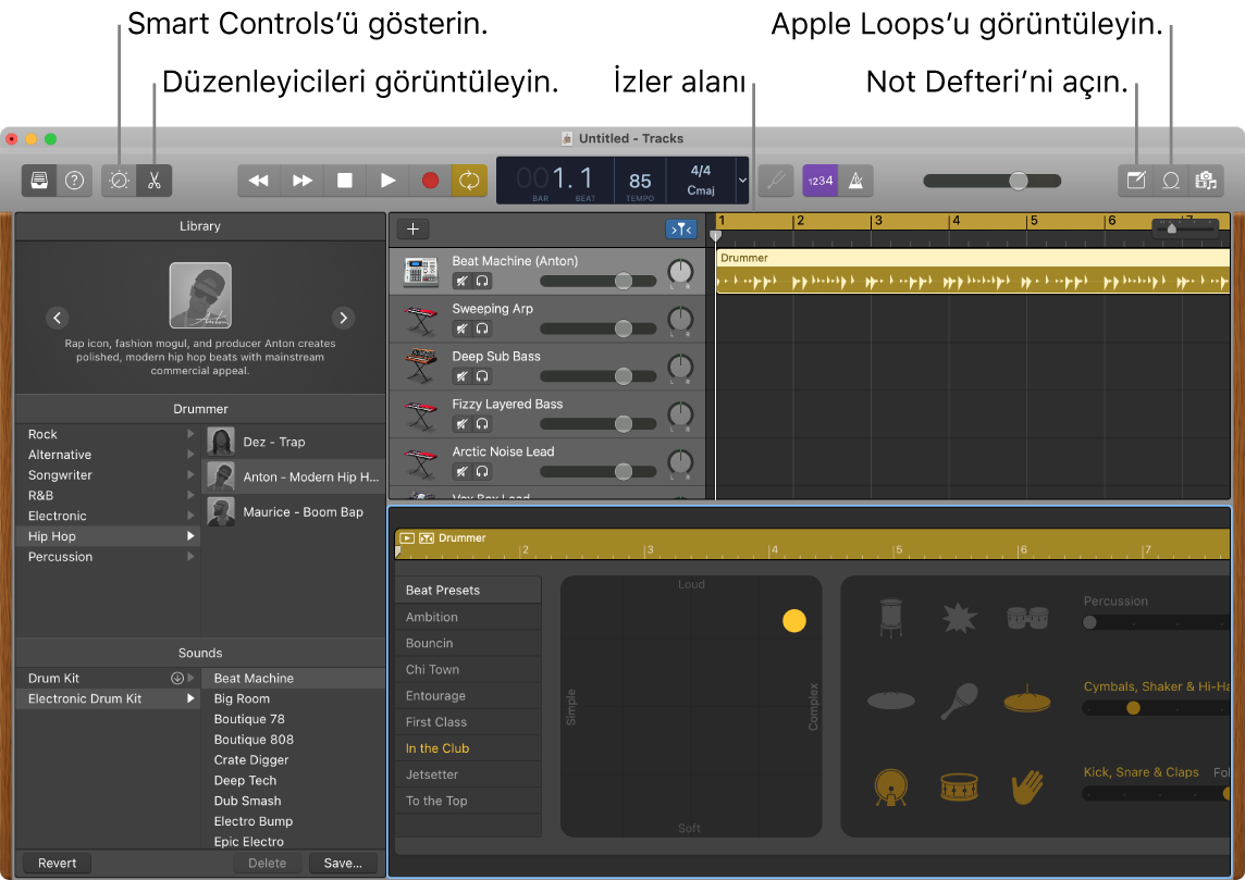 Smart Controls’e, Düzenleyiciler’e, Notlar’a ve Apple Loops’a erişim düğmelerini gösteren bir GarageBand penceresi. Ayrıca, izler görüntüsünü gösterir.