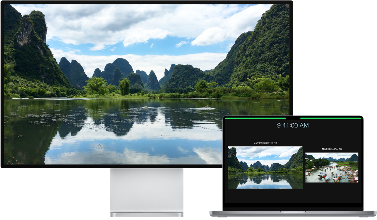 16 英寸 MacBook Pro 旁边的 HDTV，用作外接显示器。