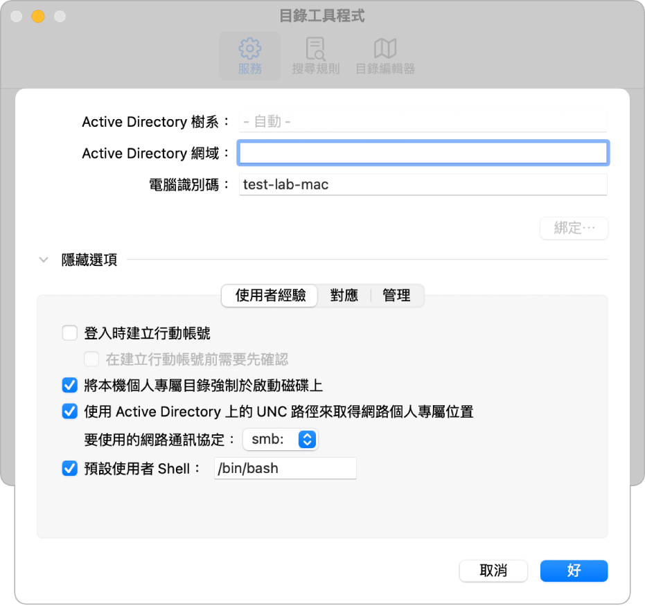 展開選項區域的 Active Directory 設定對話框。