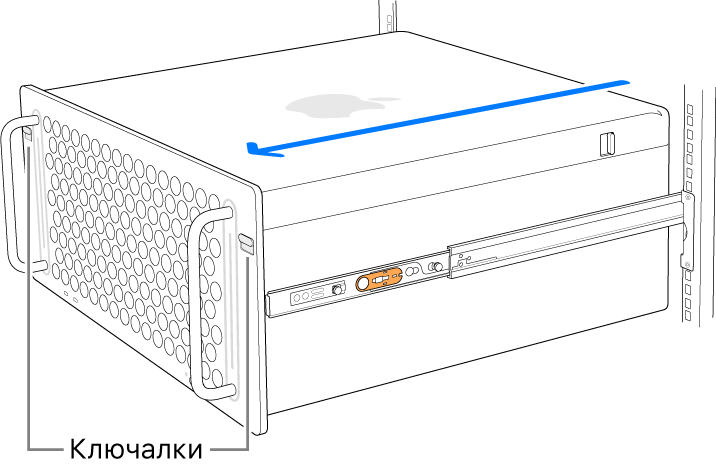 Mac Pro върху релси, прикрепени към рафт.