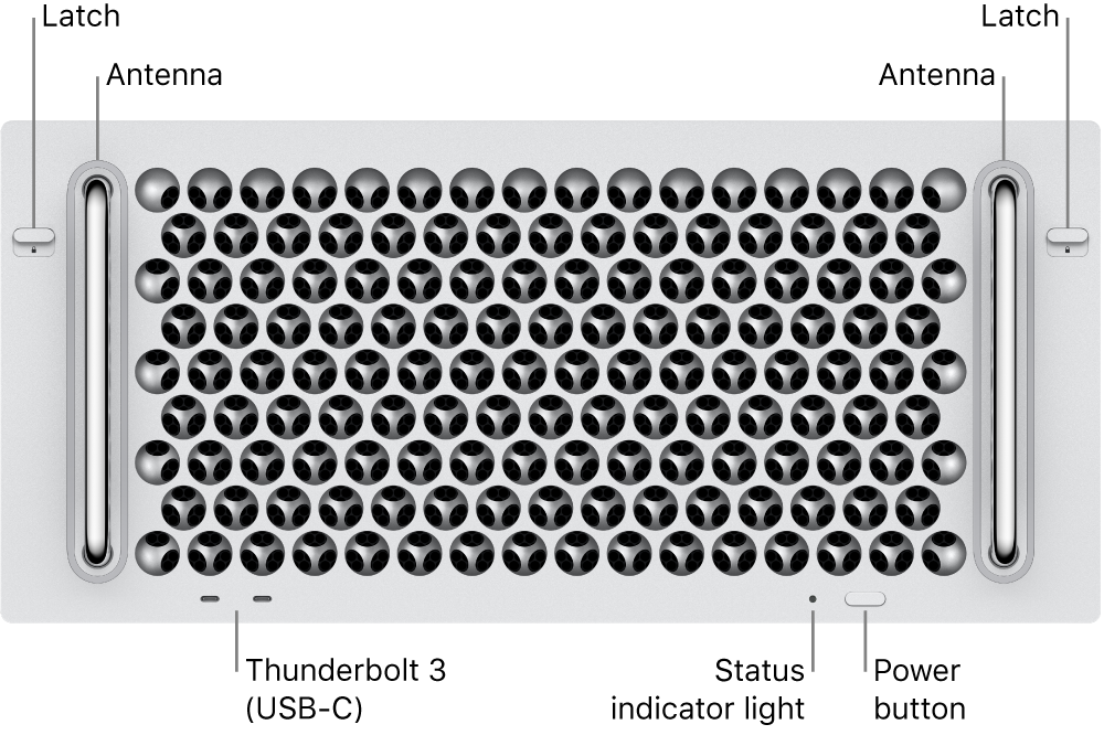 Изглед отпред на Mac Pro, който показва два Thunderbolt 3 (USB-C) порта, светлина на индикатора на системата, бутон за захранване и антена.