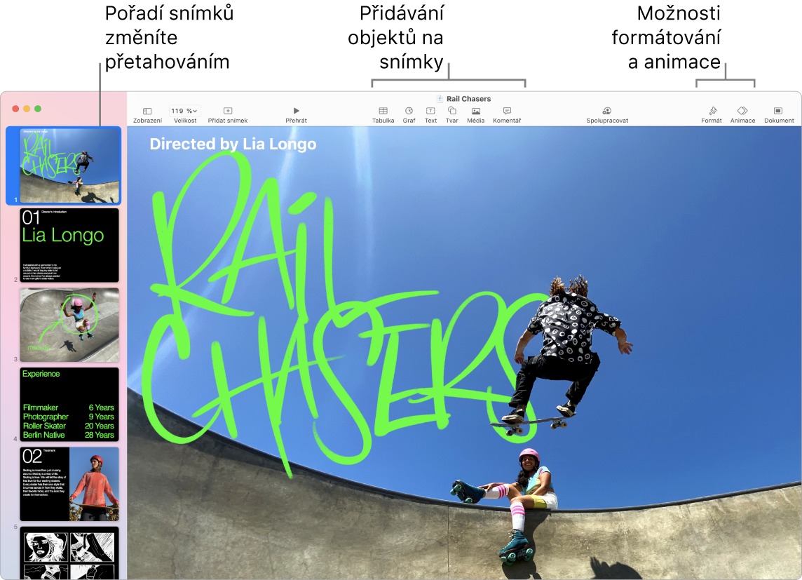 Okno aplikace Keynote se snímkovým navigátorem a postupem změny pořadí snímků na levé straně, panelem nástrojů pro úpravy nahoře, tlačítkem Spolupracovat poblíž pravého horního rohu a tlačítky Formát, Animace a Dokument vpravo