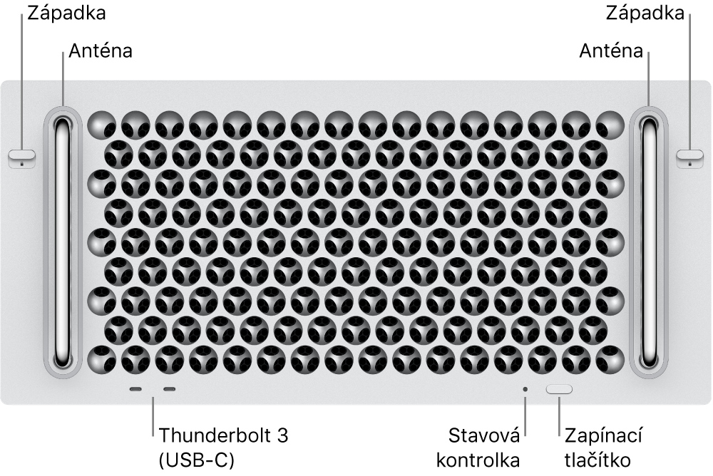 Přední strana Macu Pro se dvěma porty Thunderbolt 3 (USB‑C), systémovou kontrolkou, zapínacím tlačítkem a anténou