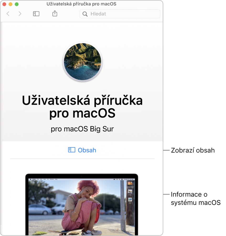 Úvodní stránka Uživatelské příručky pro macOS s odkazem na obsah