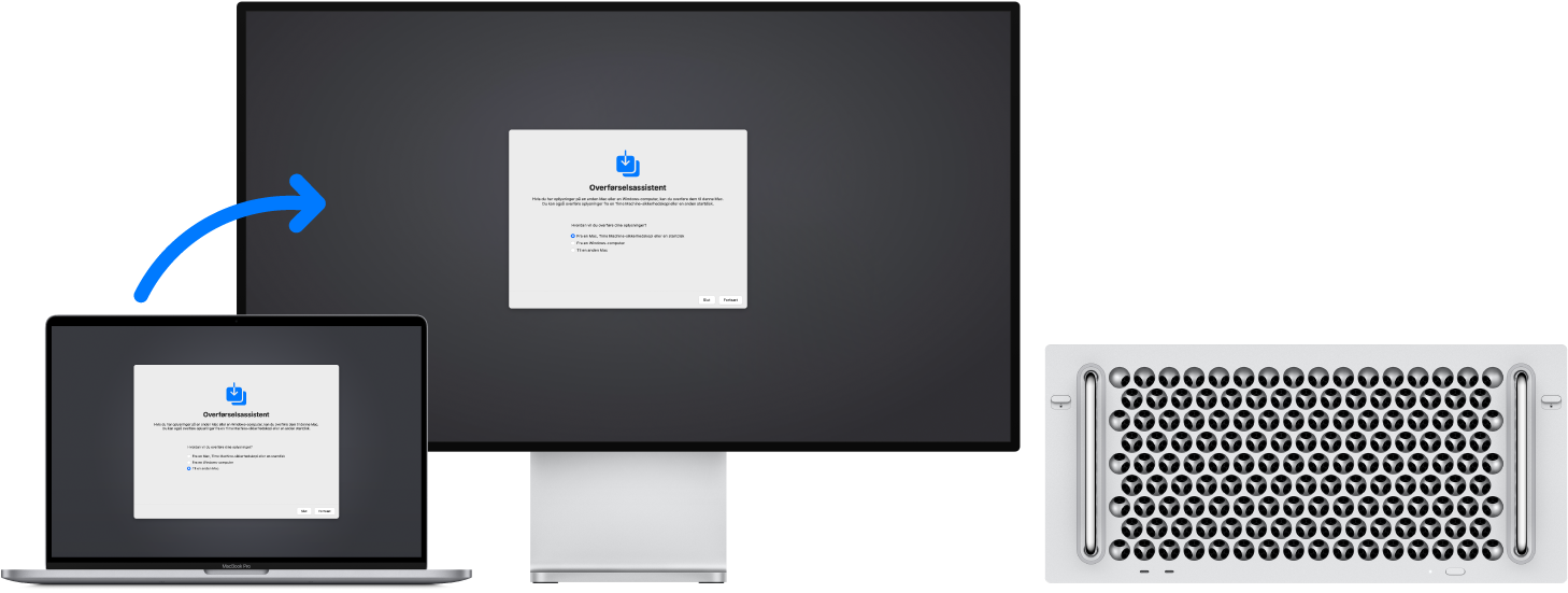 En gammel MacBook, der viser skærmen Overførselsassistent, og som har forbindelse til en Mac Pro, hvor skærmen Overførselsassistent også er åben.