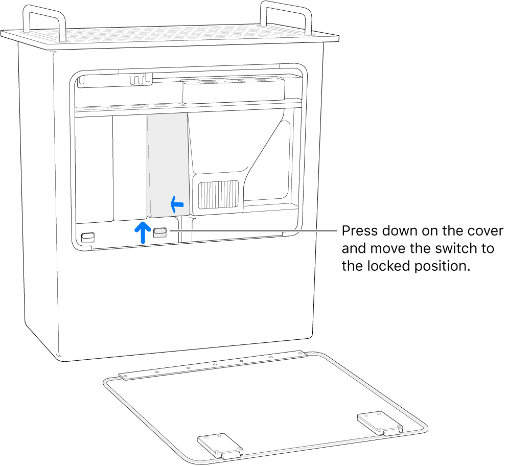 Mac Pro standing on its end, showing how to move the DIMM switch to the locked position.