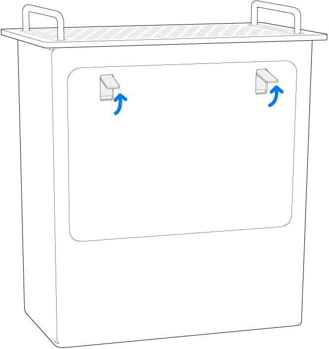 Mac Pro standing on its end, highlighting the latches on the side door.