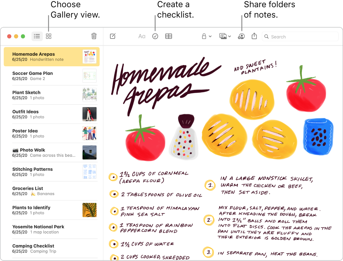 A Notes window in Gallery view with callouts to the Gallery View, Checklist, and Share Folder buttons.