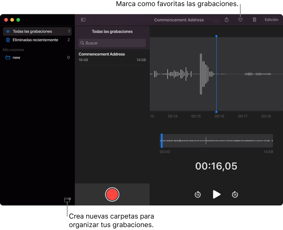 La ventana Notas de Voz que indica cómo crear nuevas carpetas o marcar una grabación como favorita.