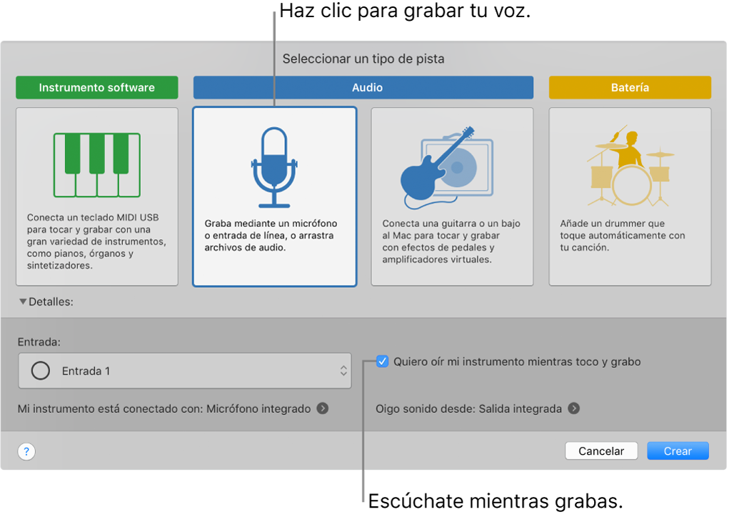 El panel de instrumentos de GarageBand donde se muestra dónde hacer clic para grabar una voz y cómo escucharse a sí mismo mientras graba.