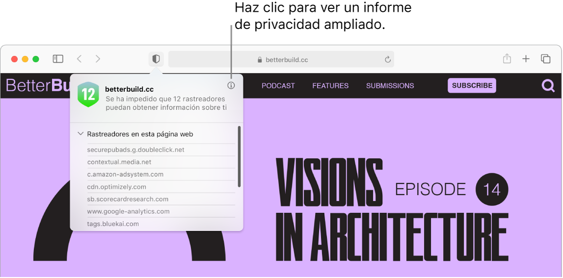 Una ventana de Safari donde se muestran las preferencias del sitio web, por ejemplo: “Usar el lector cuando esté disponible”, “Activar bloqueadores de contenido”, “Zoom de página”, “Reproducción automática” y Ubicación.