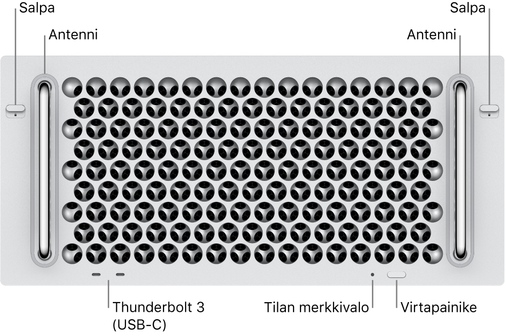 Mac Pron etuosa, jossa näkyy kaksi Thunderbolt 3 (USB-C) -porttia, järjestelmän merkkivalo, virtapainike ja antenni.