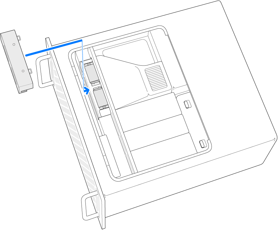 Mac Pro sur le côté et montrant le cache du SSD en cours de réinstallation.