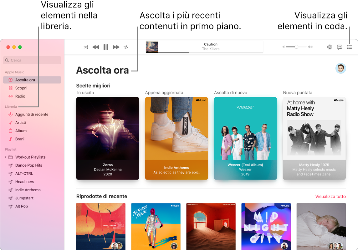 Una finestra dell'app Musica che mostra come visualizzare la libreria, ascoltare Apple Music e visualizzare i brani in coda.