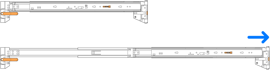 取り付けられていないレールアセンブリ。引き出されたレールと、収納されたレールがあります。