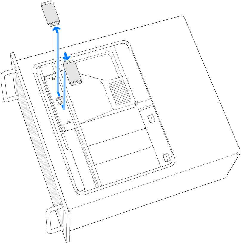 横向きのMac Pro。2つのSSDモジュールが取り外されているところが示されています。