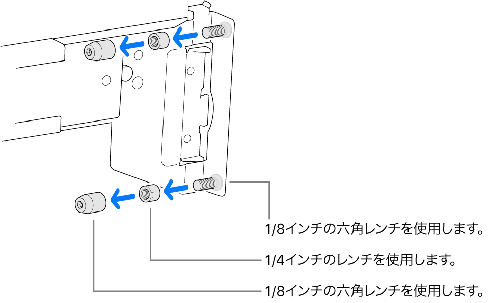 ねじ山が切られているラックに合うレールアセンブリ。