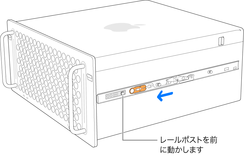 Mac Pro。レールを前にスライドさせ、所定の位置にロックしています。