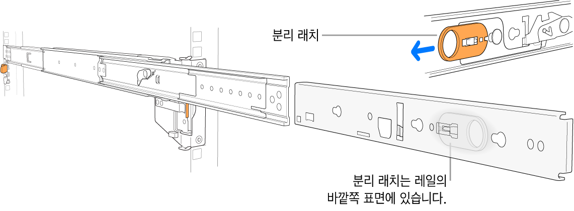 해제 래치를 강조하는 확장된 레일 어셈블리.