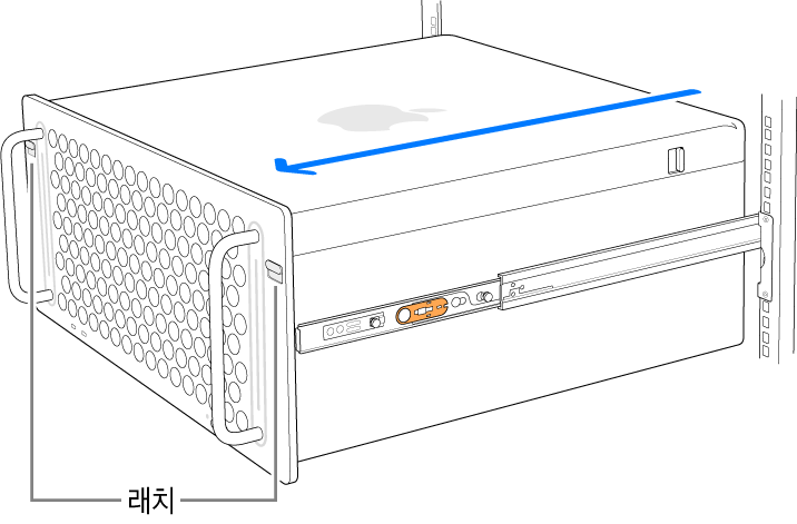 랙에 장착된 레일에 놓여 있는 Mac Pro.