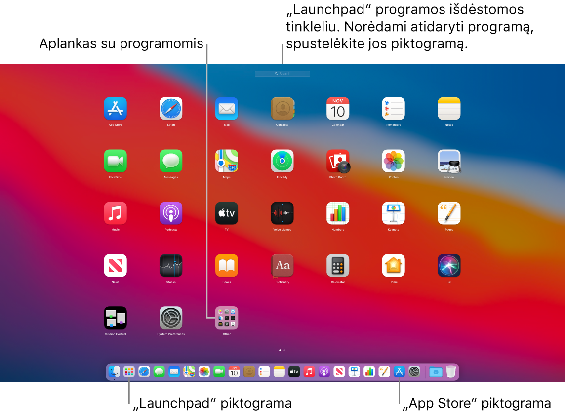 „Mac“ ekrane atidaryta funkcija „Launchpad“: rodomas „Launchpad“ programų aplankas, „Dock“ juostoje matomos „Launchpad“ ir „App Store“ piktogramos.