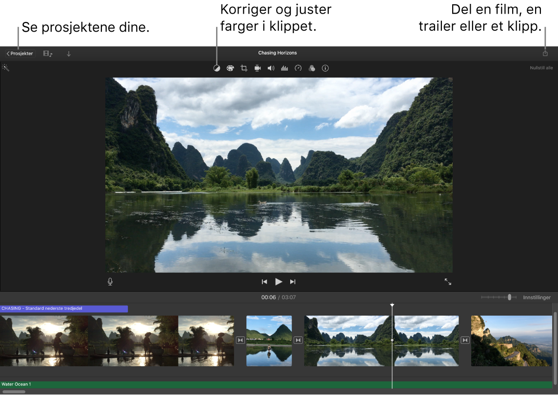 Et iMovie-vindu som viser knappene for å se prosjekter, korrigere og justere farger og dele filmen, traileren eller filmklippet.