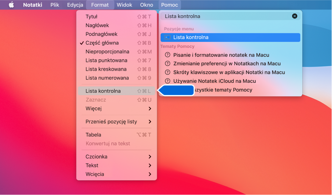 Menu pomocy pokazujące wyszukiwanie frazy „lista kontrolna” oraz wyróżnione polecenie Lista punktowana na liście wyników oraz w menu Format.