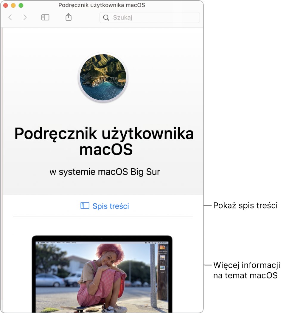 Strona powitalna Podręcznika użytkownika macOS oraz łącze do Spisu treści.