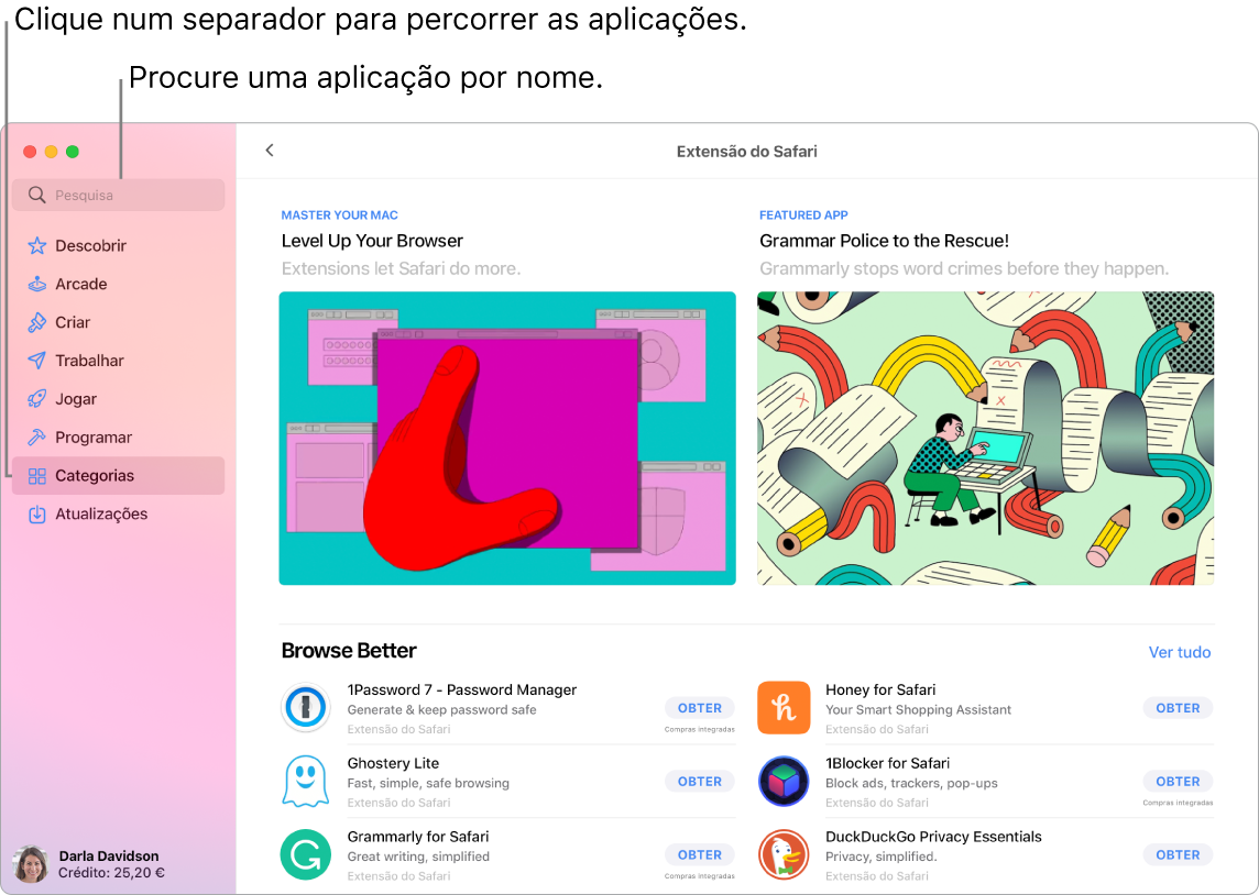 Janela da App Store com o campo de pesquisa e uma página das extensões do Safari.