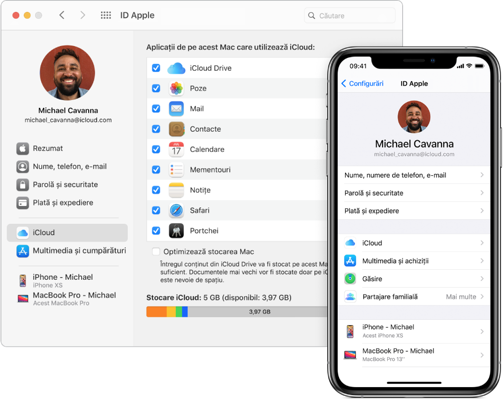 Configurările iCloud de pe un iPhone și fereastra iCloud pe Mac.