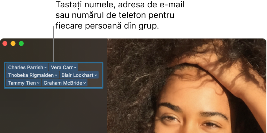 O fereastră FaceTime arătând cum să efectuați un apel video sau audio, cum să utilizați câmpul de căutare pentru a introduce sau căuta detalii de contact și cum să vizualizați lista cu apeluri recente.