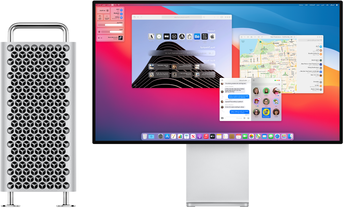 كمبيوتر Mac Pro Tower وشاشة Pro Display XDR جنبًا إلى جنب.