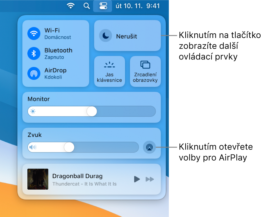 Zvětšené zobrazení Ovládacího centra na Macu.