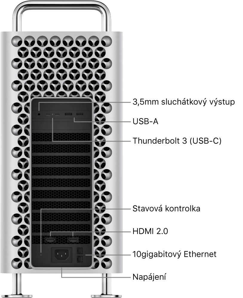 Boční pohled na Mac Pro s 3,5mm sluchátkovým portem, dvěma porty USB-A, dvěma porty Thunderbolt 3 (USB‑C), stavovou kontrolkou, dvěma porty HDMI 2.0, dvěma porty 10gigabitového Ethernetu a napájecím konektorem