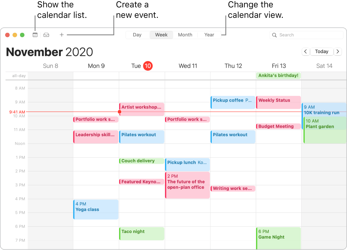 A Calendar window showing how to create an event, show the calendar list, and choose Day, Week, Month, or Year view.