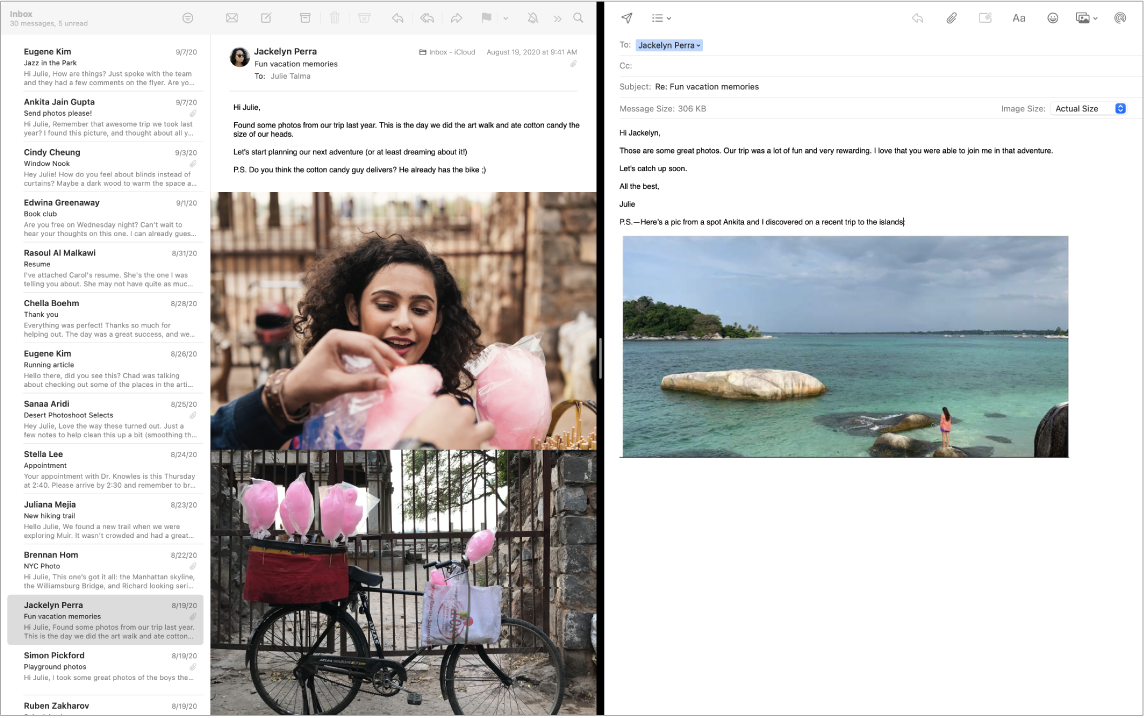 A Mail window in split screen, showing two messages side by side.