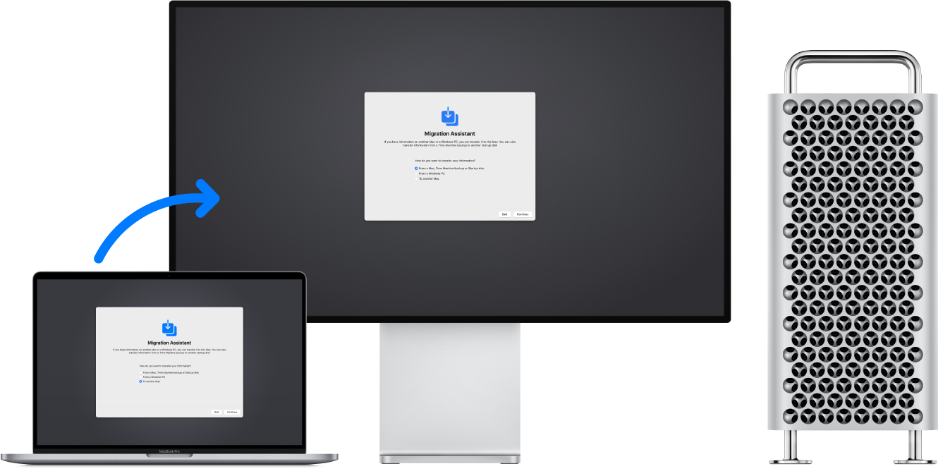 A MacBook displaying the Migration Assistant screen, connected to a Mac Pro that also has the Migration Assistant screen open.