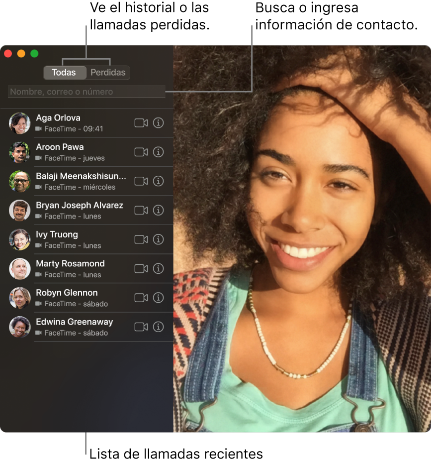 Ventana de FaceTime mostrando cómo realizar una llamada de audio o de video, usar el campo de búsqueda para ingresar o buscar detalles de un contacto y ver la lista de llamadas recientes.