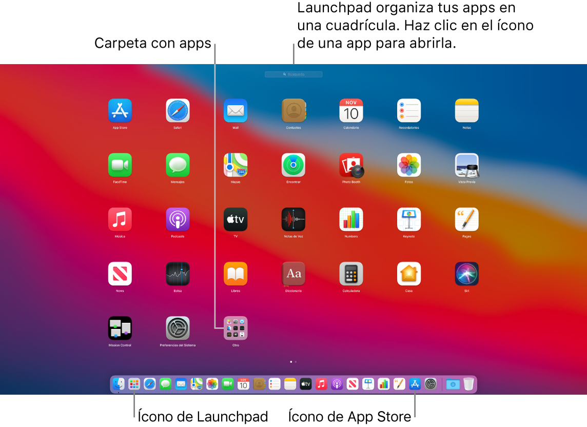 La pantalla de la Mac con el Launchpad abierto, mostrando una carpeta de apps en el Launchpad y los íconos del Launchpad y de App Store en el Dock.