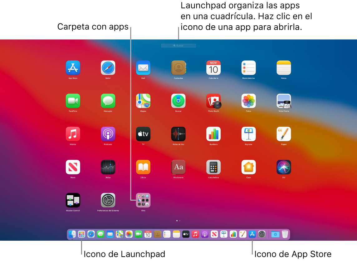 Una pantalla de Mac con Launchpad abierto, donde se muestra una carpeta de apps en Launchpad y los iconos de Launchpad y de App Store en el Dock.