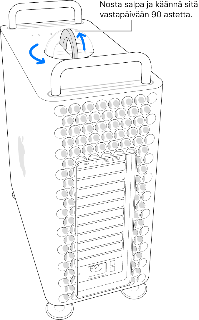 Tietokoneen kotelon poistamisen ensimmäinen vaihe, jossa nostetaan salpa ja käännetään sitä 90 astetta.
