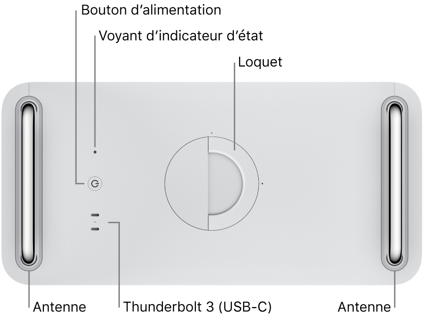 Le dessus du Mac Pro montrant le bouton d’alimentation, le voyant système, le loquet, l’antenne et deux ports Thunderbolt 3 (USB-C).