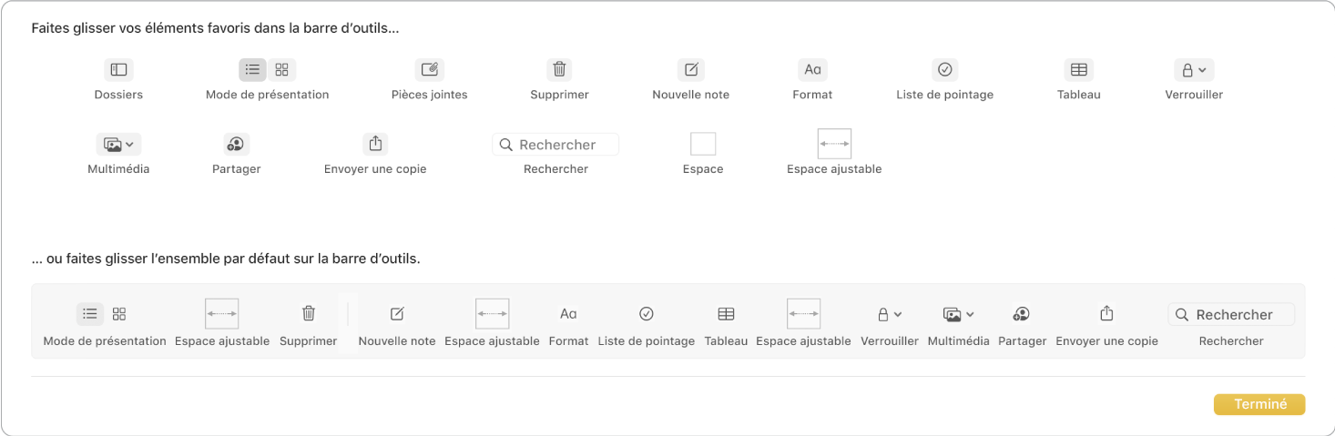 Fenêtre de Notes affichant les options disponibles de la barre d’outils personnalisée.