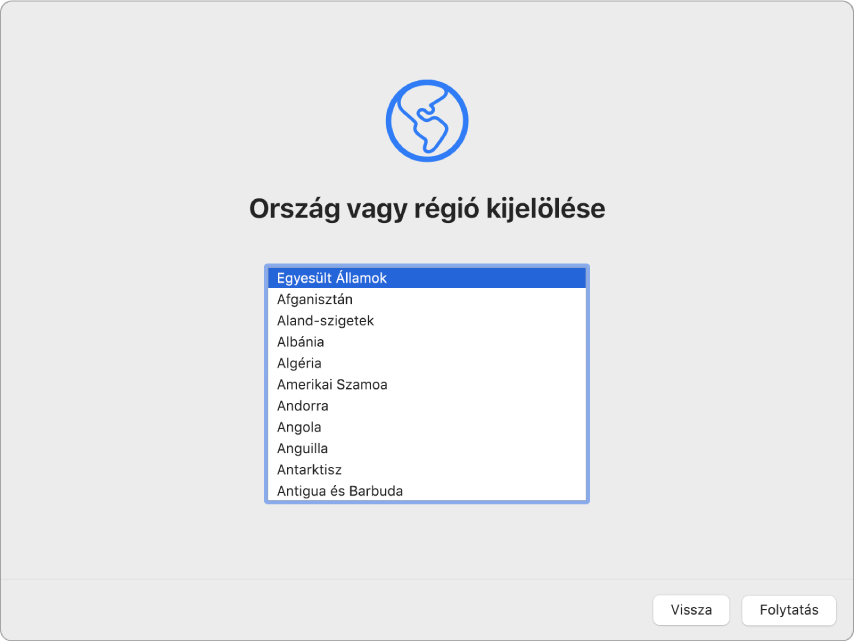 Egy Mac gép képernyője a Beállítási asszisztens üdvözlőképernyőjével.