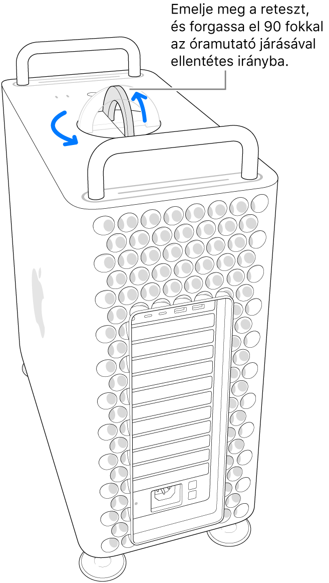 A számítógépház eltávolítása első lépésének illusztrációja: a retesz megemelése, és elforgatása 90 fokkal.