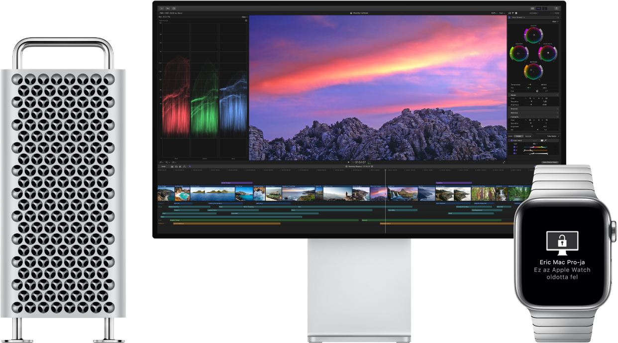 Egy Mac Pro és a kijelzője egy Apple Watch mellett, amelyen egy üzenet jelzi, hogy a Mac gép a Watchcsal lett feloldva.
