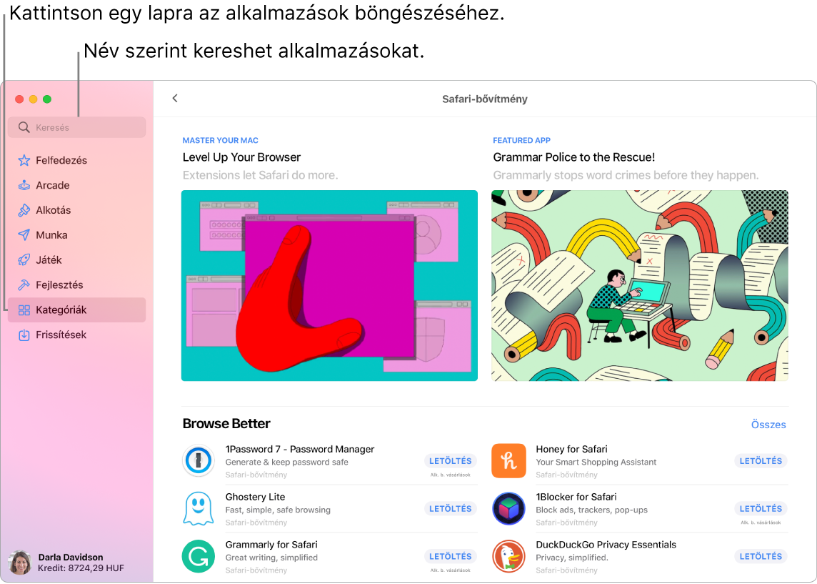 Az App Store ablaka a keresőmezővel és egy oldalnyi Safari-bővítménnyel.